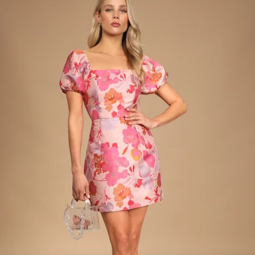 Lulu's Pink Floral Puff Sleeve Mini Dress